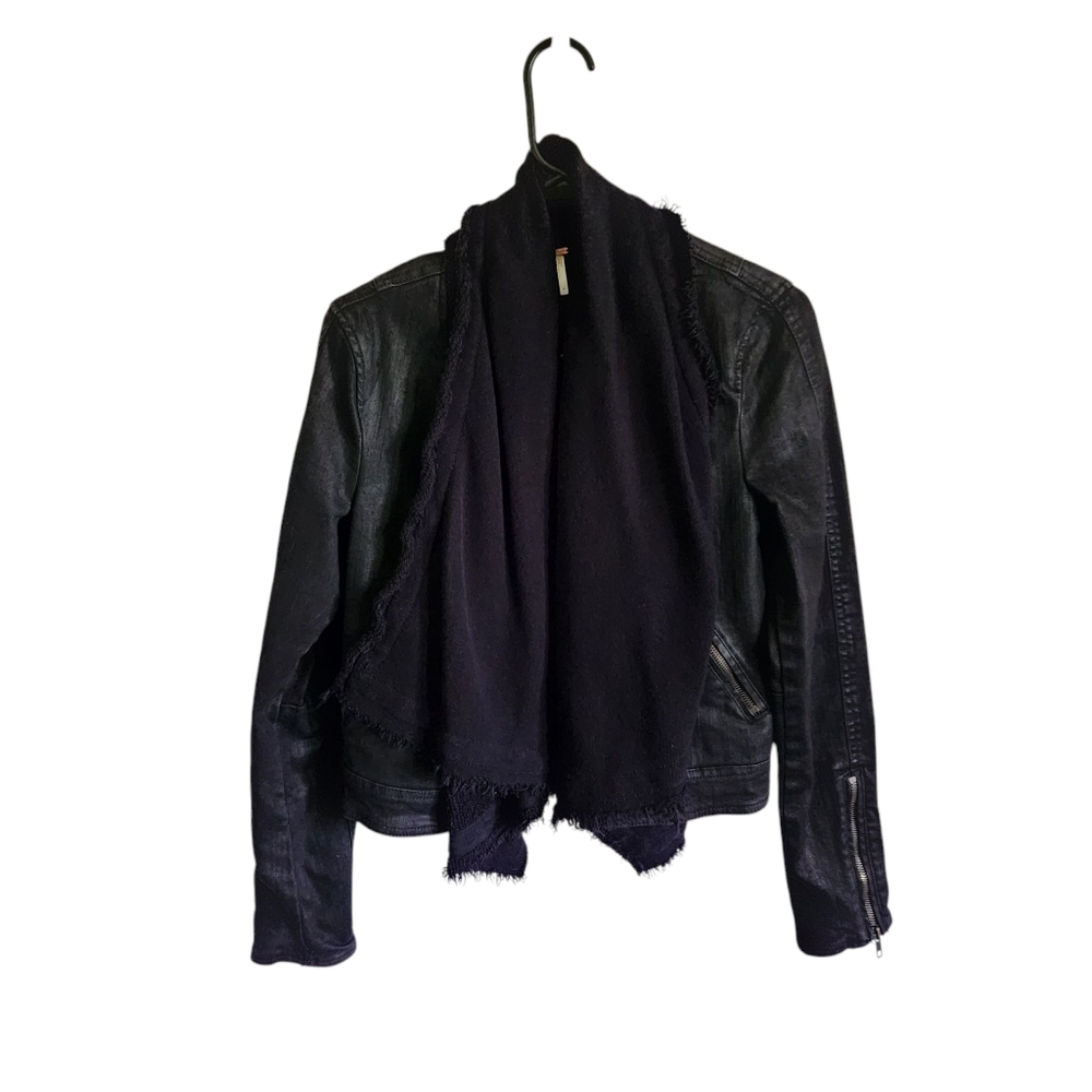 Free People Drape Front Moto Waxed Biker Jacket Womens Size 4 Black OB418010